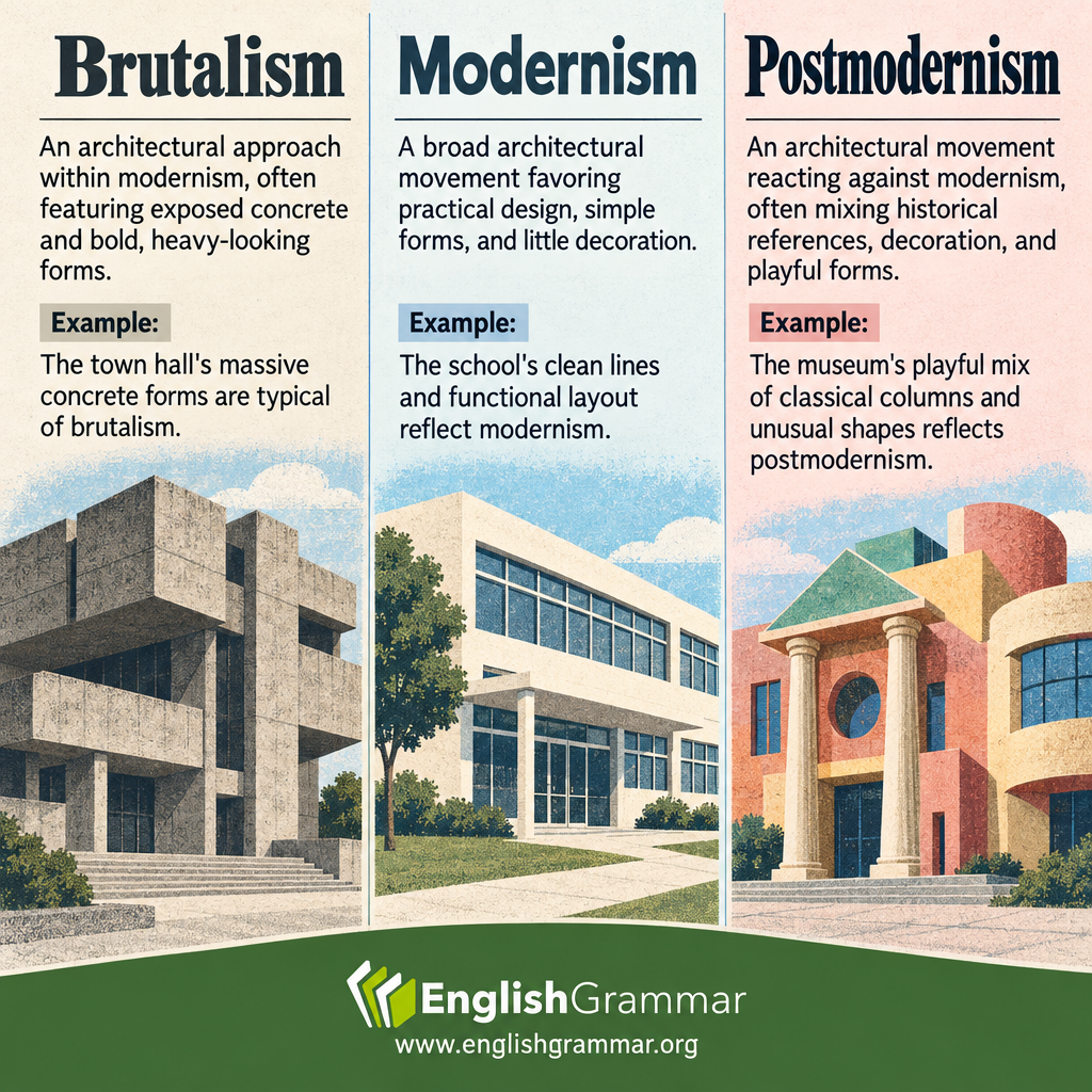 Brutalism vs. Modernism vs. Postmodernism