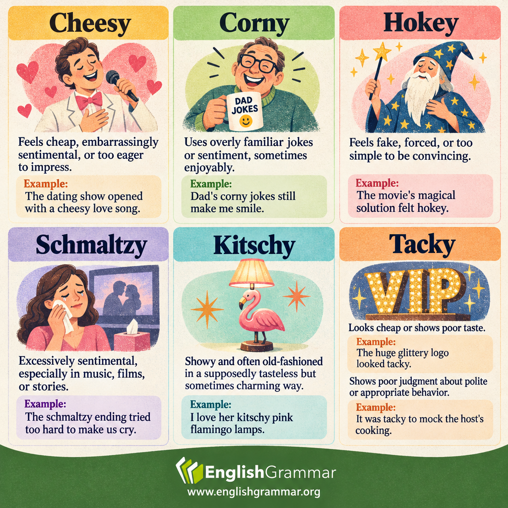 Cheesy vs. Corny vs. Hokey vs. Schmaltzy vs. Kitschy vs. Tacky