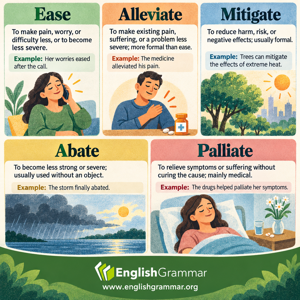 Ease vs. Alleviate vs. Mitigate vs. Abate vs. Palliate