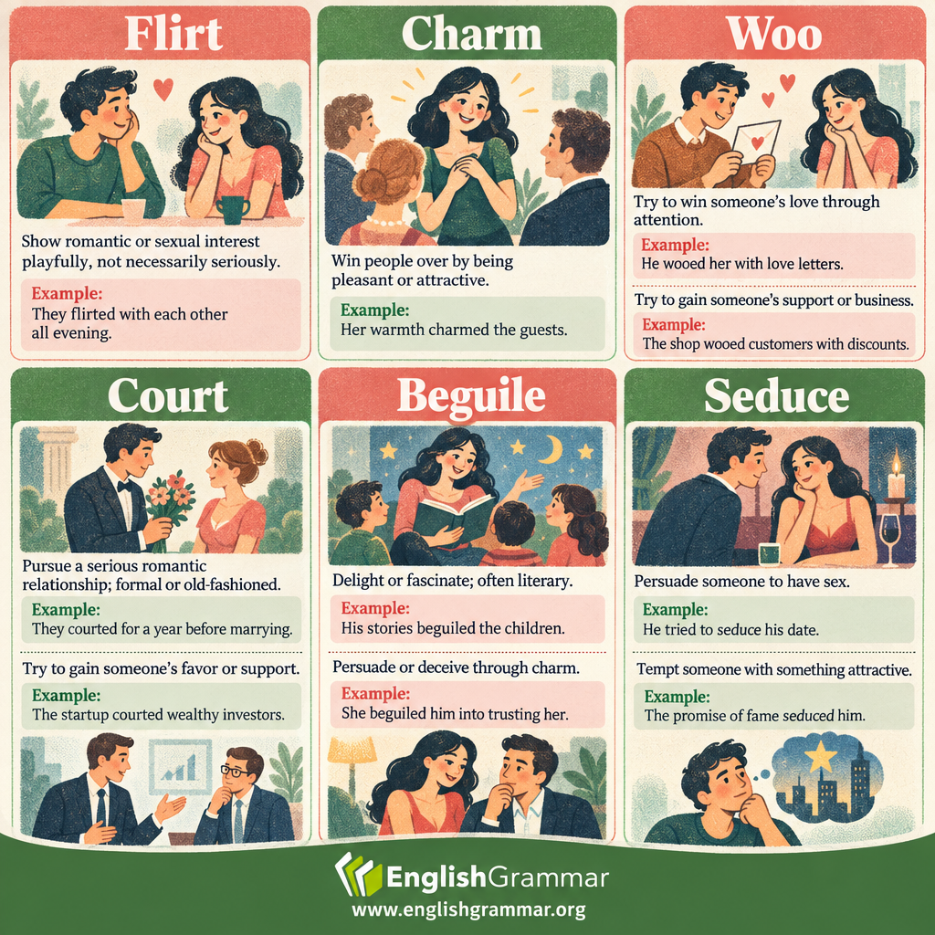 Flirt vs. Charm vs. Woo vs. Court vs. Beguile vs. Seduce