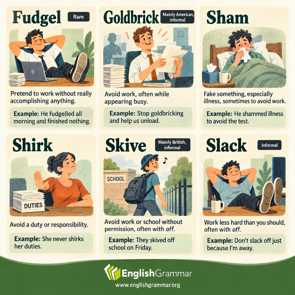 Fudgel vs. Goldbrick vs. Sham vs. Shirk vs. Skive vs. Slack