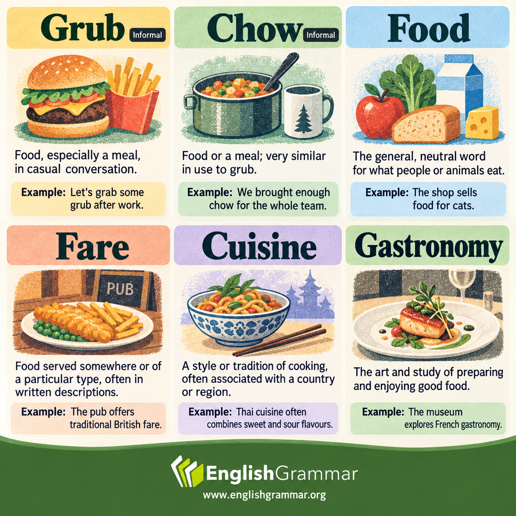 Grub vs. Chow vs. Food vs. Fare vs. Cuisine vs. Gastronomy