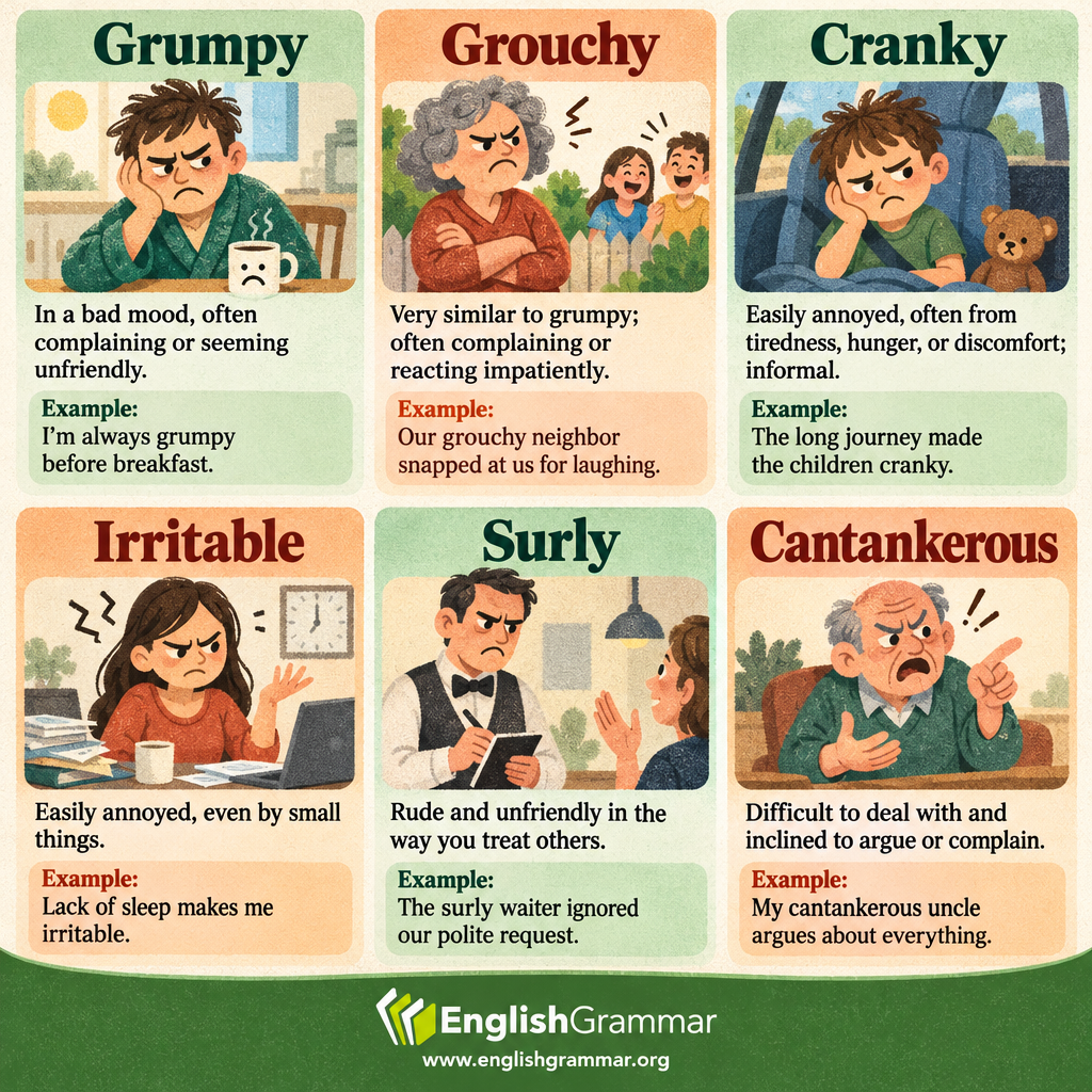 Grumpy vs. Grouchy vs. Cranky vs. Irritable vs. Surly vs. Cantankerous