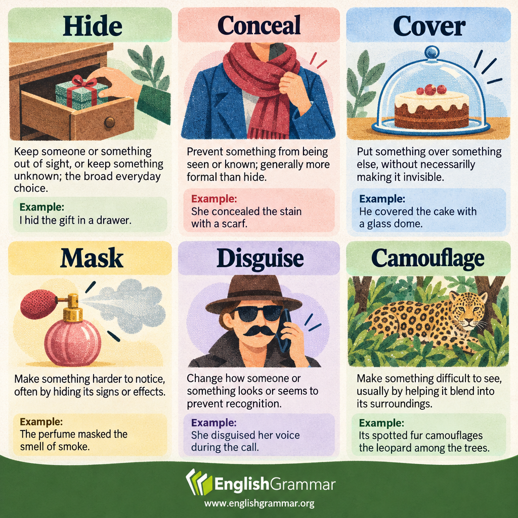 Hide vs. Conceal vs. Cover vs. Mask vs. Disguise vs. Camouflage