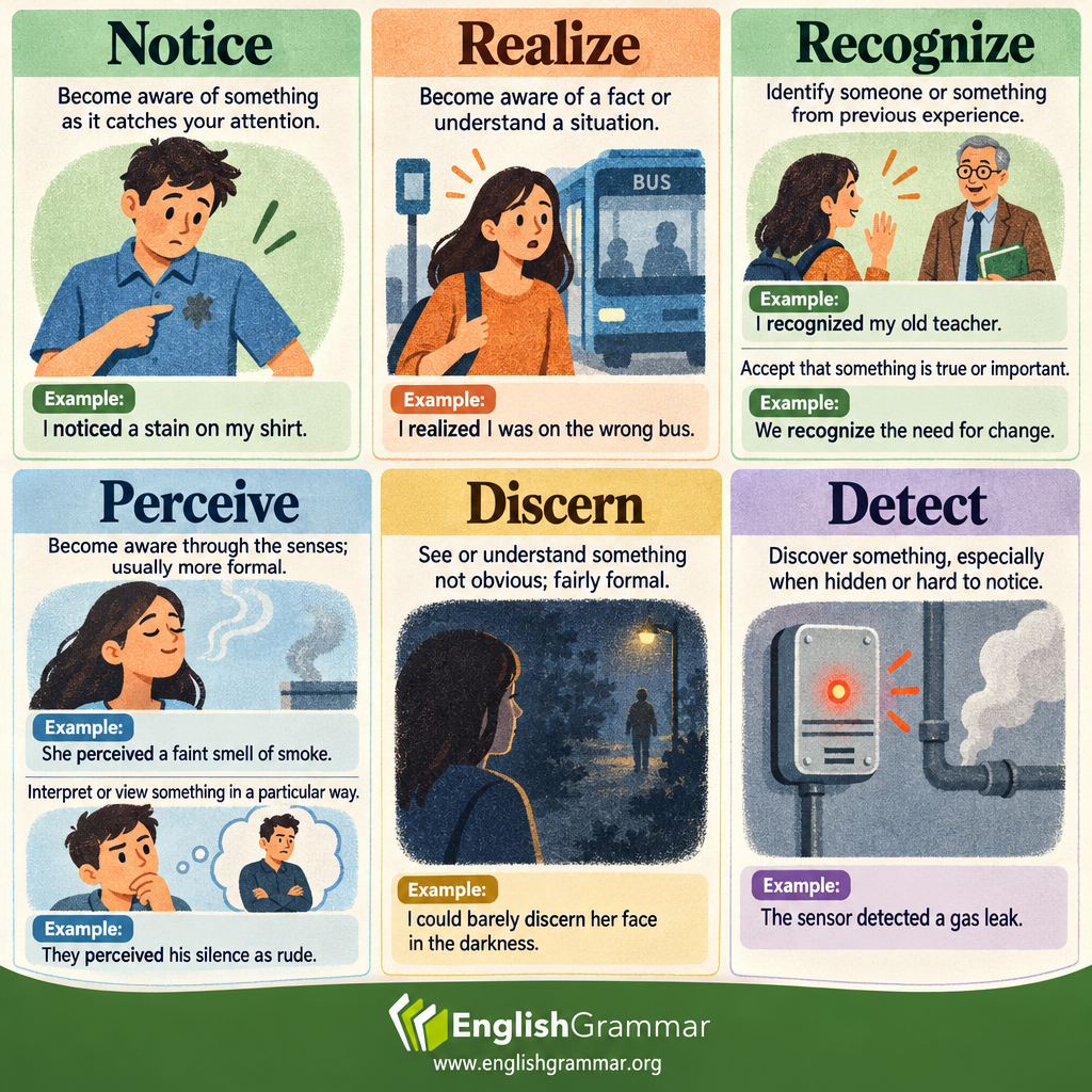 Notice vs. Realize vs. Recognize vs. Perceive vs. Discern vs. Detect