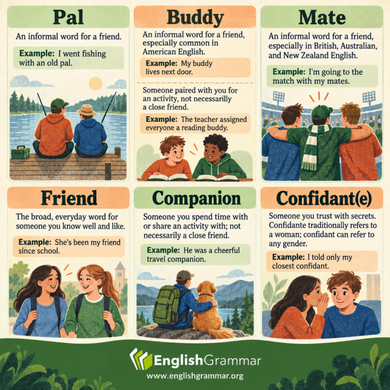 Pal vs. buddy vs. mate vs. friend vs. companion vs. confidant(e)