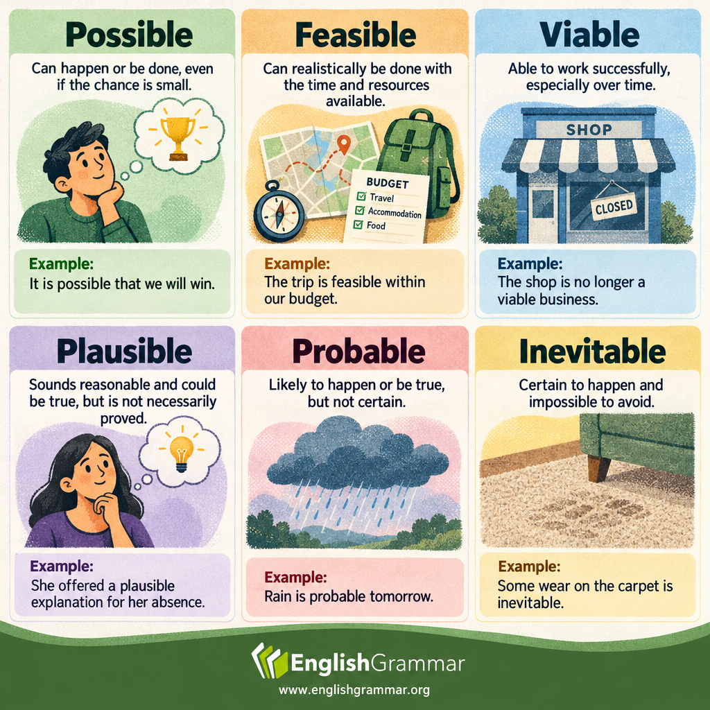 Possible vs. Feasible vs. Viable vs. Plausible vs. Probable vs. Inevitable