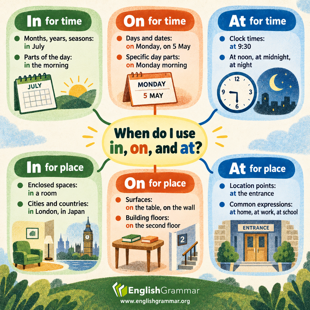 When do I use in, on, and at?
