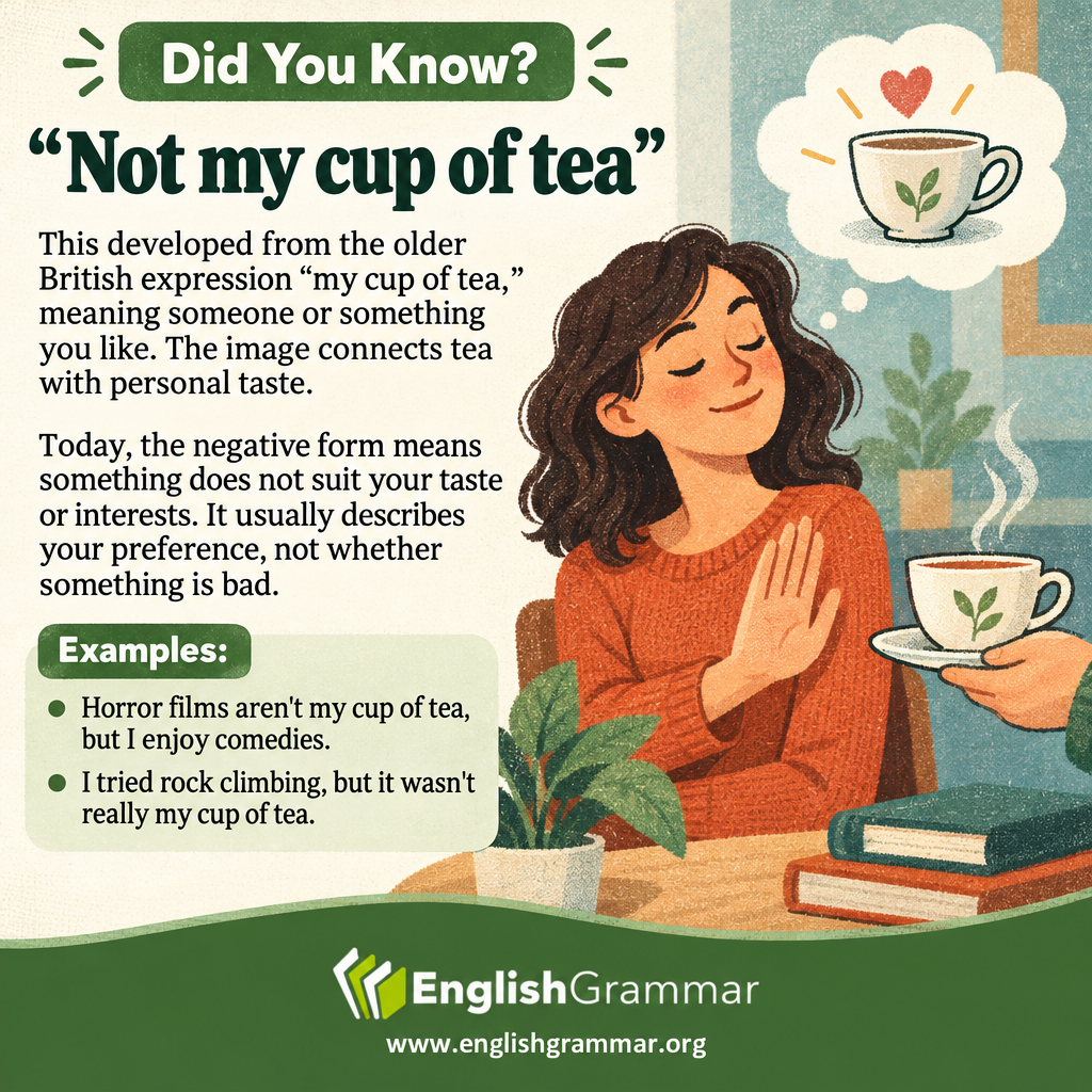 The origin of "not my cup of tea"